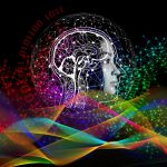 biorytmy - farebné vlnovky a tvár ženy z profilu, binary