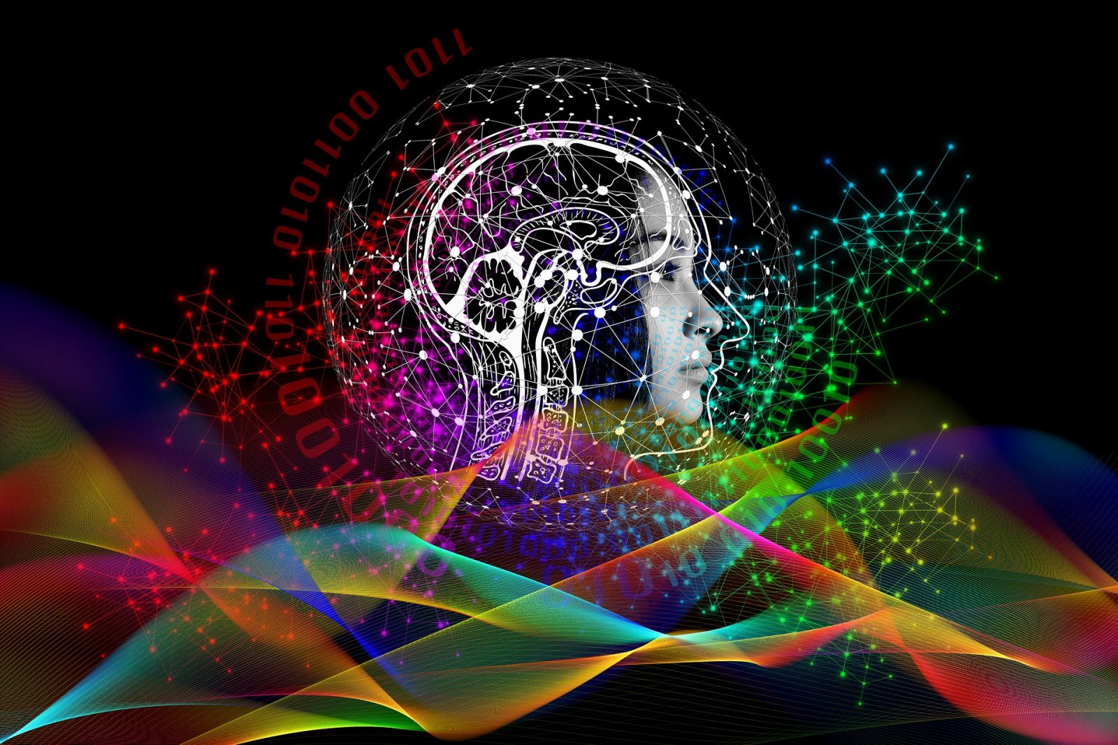 biorytmy - farebné vlnovky a tvár ženy z profilu, binary