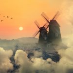 dva veterné mlyny v západe slnka