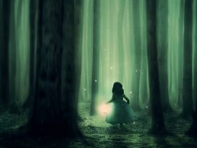 dieťa v tmavom lese s lampášom v ruke