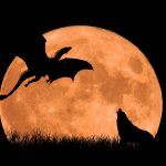 Letiaci čierny drak v splne Luny a zavýjajúci pes