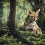 líška v lese s prižmúrenými očami