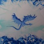 modrý enkaustický obrázok vodný drak