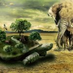 korytnačka s krajinou na pancieri a slon - fantazijné