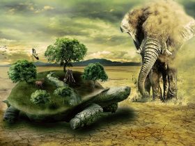 korytnačka s krajinou na pancieri a slon - fantazijné