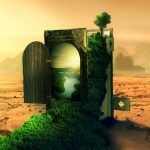 fantazijná krajina s knihou, z ktorej rastie strom