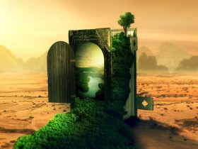 fantazijná krajina s knihou, z ktorej rastie strom