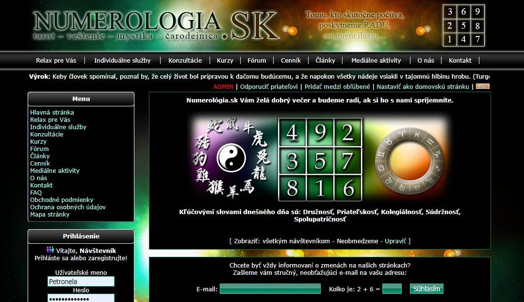NUMEROLOGIA.SK úvodná stránka v rokoch 2010 - 2020