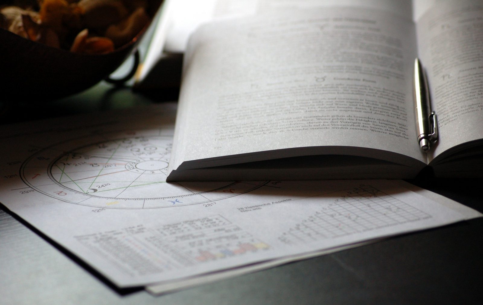 otvorená kniha s perom a astrologický rádix na papieri